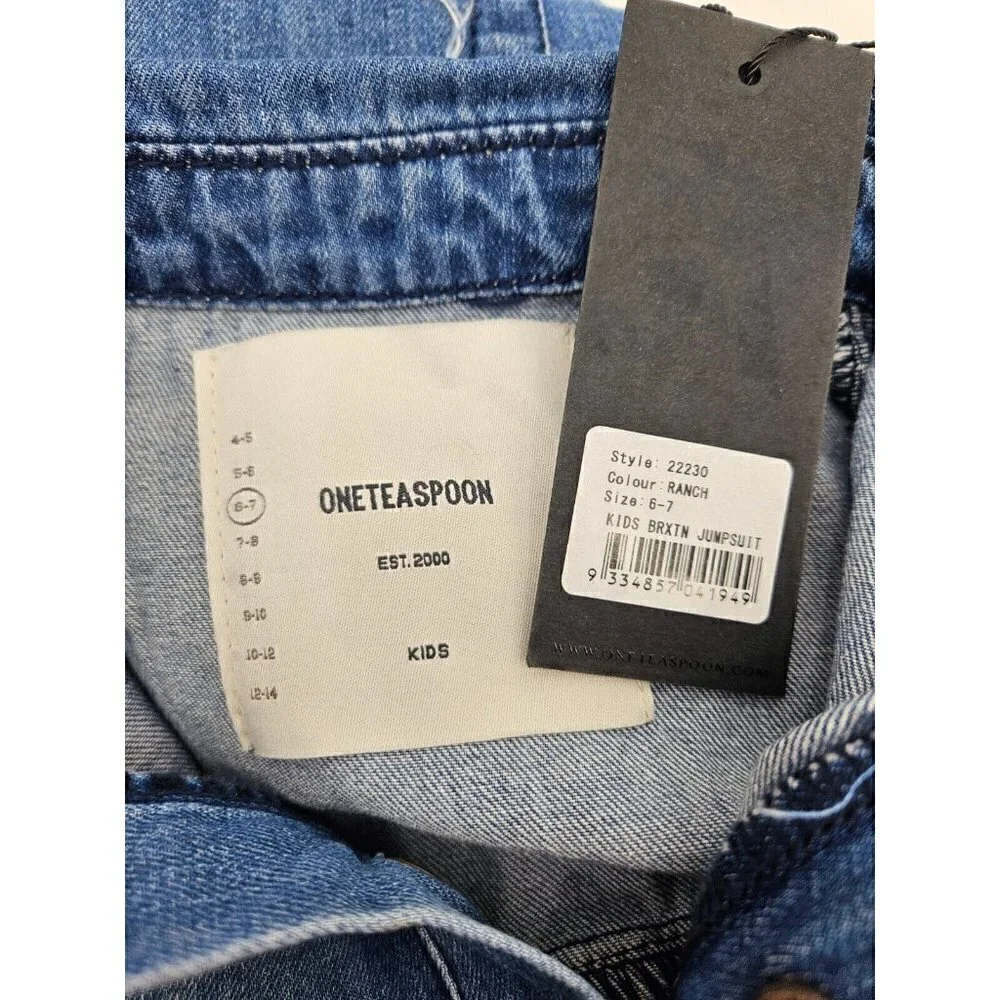New One Teaspoon Ranch Denim Jumpsuit Girls Kids 6-7 Prophecy Blue Long Sleeve